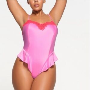Skims Stretch Satin Lace Teddy in Neon Orchid Multi 2X